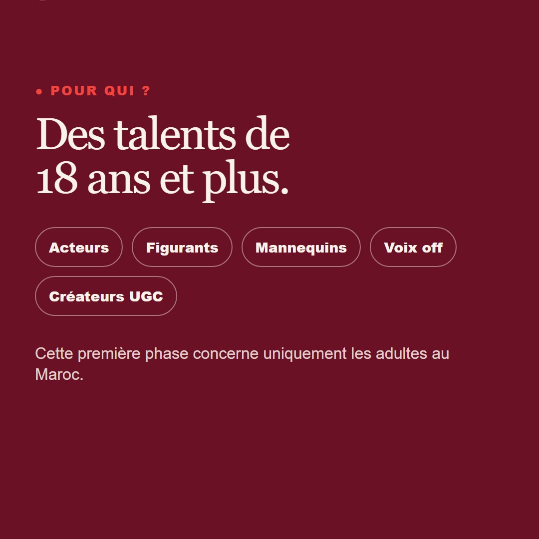 Présentation des talents adultes concernés : acteurs, figurants, mannequins, voix off et créateurs UGC.